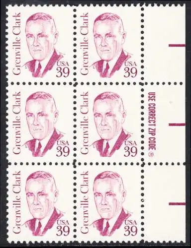 USA Michel 1730 / Scott 1867 postfrisch vert.BLOCK(6) RÄNDER rechts m/ ZIP-emblem - Amerikanische Persönlichkeiten: Grenville Clark (1885-1967), Jurist