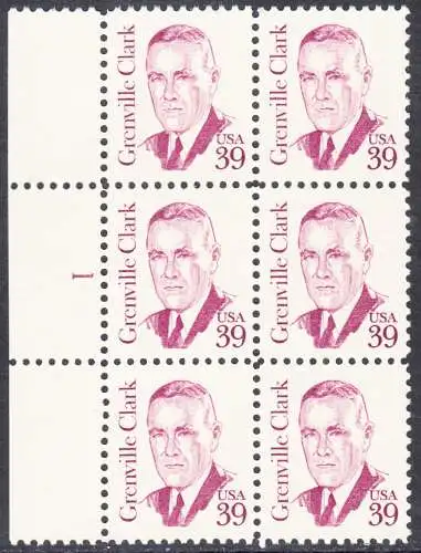 USA Michel 1730 / Scott 1867 postfrisch vert.BLOCK(6) RÄNDER links m/ Platten-# 1 - Amerikanische Persönlichkeiten: Grenville Clark (1885-1967), Jurist