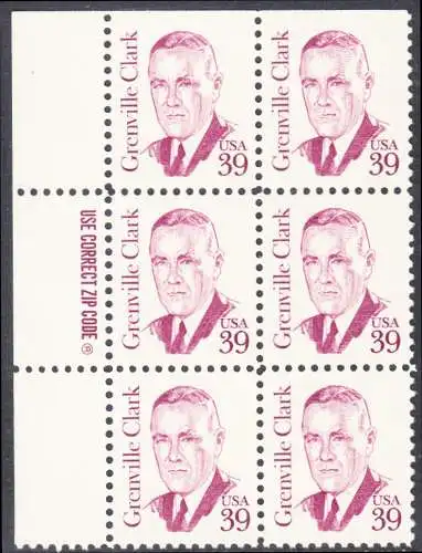 USA Michel 1730 / Scott 1867 postfrisch ZIP-BLOCK (6v) oben links - Amerikanische Persönlichkeiten: Grenville Clark (1885-1967), Jurist