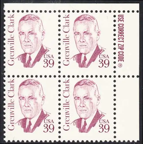 USA Michel 1730 / Scott 1867 postfrisch ZIP-BLOCK oben rechts - Amerikanische Persönlichkeiten: Grenville Clark (1885-1967), Jurist