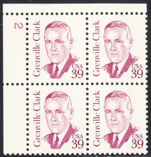 USA Michel 1730 / Scott 1867 postfrisch PLATEBLOCK ECKRAND oben links - Amerikanische Persönlichkeiten: Grenville Clark (1885-1967), Jurist