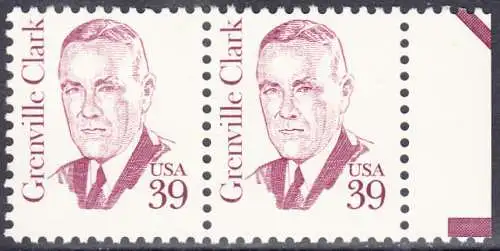USA Michel 1730 / Scott 1867 postfrisch horiz.PAAR RAND rechts (a1) - Amerikanische Persönlichkeiten: Grenville Clark (1885-1967), Jurist