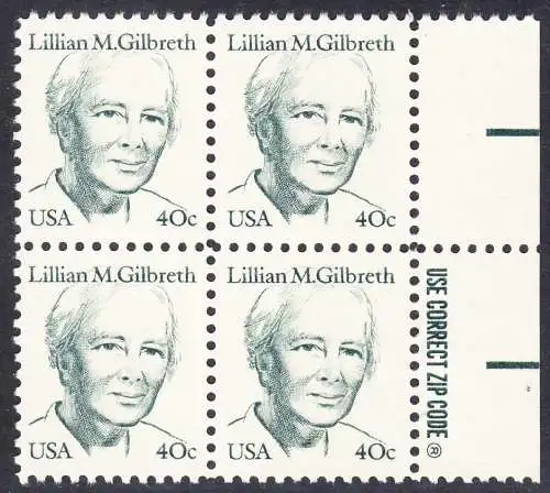 USA Michel 1682 / Scott 1868 postfrisch BLOCK RÄNDER rechts m/ ZIP-Emblem (a2) - Amerikanische Persönlichkeiten: Lilian M. Gilbreth (1878-1972), Ingenieurin