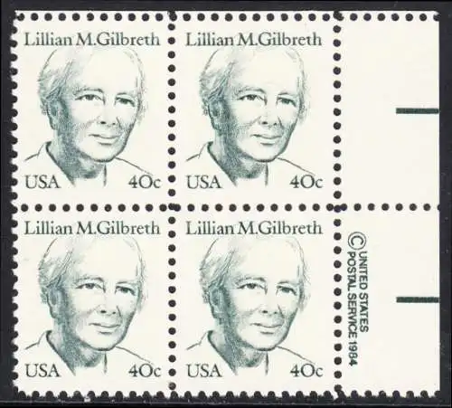 USA Michel 1682 / Scott 1868 postfrisch BLOCK ECKRAND oben rechts m/ copyright symbol - Amerikanische Persönlichkeiten: Lilian M. Gilbreth (1878-1972), Ingenieurin