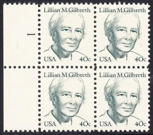 USA Michel 1682 / Scott 1868 postfrisch BLOCK RÄNDER links m/ Platten-# 1 - Amerikanische Persönlichkeiten: Lilian M. Gilbreth (1878-1972), Ingenieurin