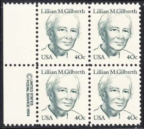USA Michel 1682 / Scott 1868 postfrisch BLOCK RÄNDER links m/ copyright symbol - Amerikanische Persönlichkeiten: Lilian M. Gilbreth (1878-1972), Ingenieurin