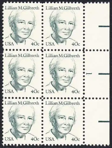 USA Michel 1682 / Scott 1868 postfrisch vert.BLOCK(6) RÄNDER rechts m/ Platten-# 1  (a2) - Amerikanische Persönlichkeiten: Lilian M. Gilbreth (1878-1972), Ingenieurin
