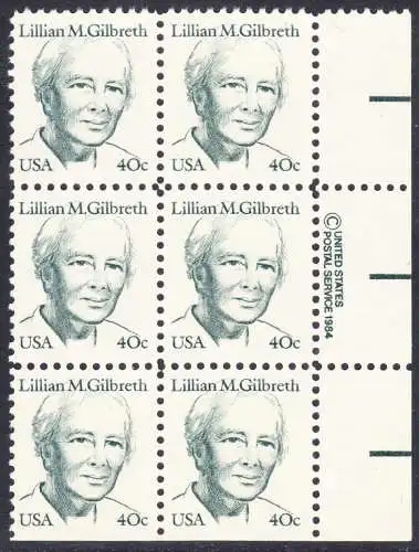 USA Michel 1682 / Scott 1868 postfrisch vert.BLOCK(6) RÄNDER rechts m/ copyright symbol - Amerikanische Persönlichkeiten: Lilian M. Gilbreth (1878-1972), Ingenieurin