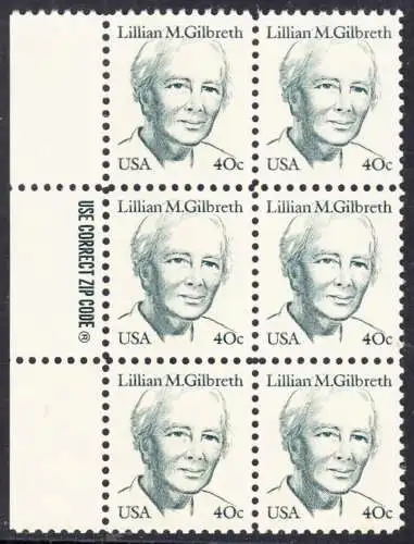 USA Michel 1682 / Scott 1868 postfrisch vert.BLOCK(6) RÄNDER links m/ ZIP-Emblem  (a1) - Amerikanische Persönlichkeiten: Lilian M. Gilbreth (1878-1972), Ingenieurin