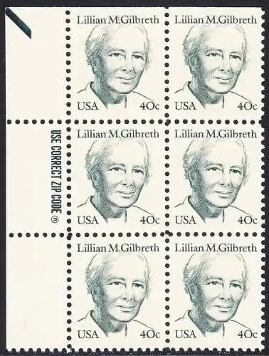 USA Michel 1682 / Scott 1868 postfrisch vert.BLOCK(6) RÄNDER links m/ ZIP-Emblem  (oben ungez. / a2) - Amerikanische Persönlichkeiten: Lilian M. Gilbreth (1878-1972), Ingenieurin