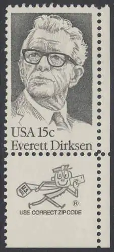 USA Michel 1455 / Scott 1874 postfrisch EINZELMARKE ECKRAND unten rechts m/ ZIP-Emblem (a2) - Everett Dirksen (1896-1969), Politiker