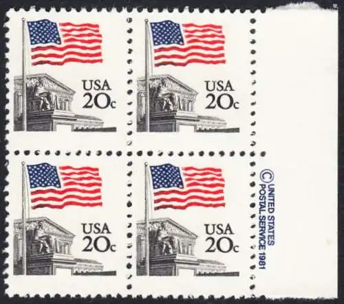 USA Michel 1522 / Scott 1894 postfrisch BLOCK RÄNDER rechts m/ copyright symbol - Flagge, Gebäude des obersten Bundesgerichts