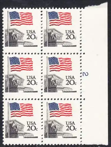 USA Michel 1522 / Scott 1894 postfrisch vert.BLOCK(6) RÄNDER rechts m/ Platten-# 2 - Flagge, Gebäude des obersten Bundesgerichts