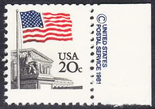 USA Michel 1522 / Scott 1894 postfrisch EINZELMARKE RAND rechrts  m/ copyright symbol - Flagge, Gebäude des obersten Bundesgerichts