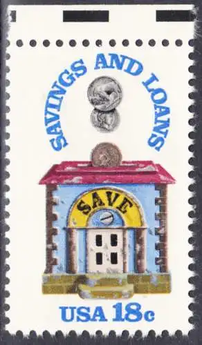 USA Michel 1469 / Scott 1911 postfrisch EINZELMARKE RAND oben (a3) - 150 Jahre Sparkassen; Alte Sparbüchse