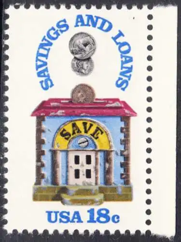 USA Michel 1469 / Scott 1911 postfrisch EINZELMARKE RAND rechts - 150 Jahre Sparkassen; Alte Sparbüchse