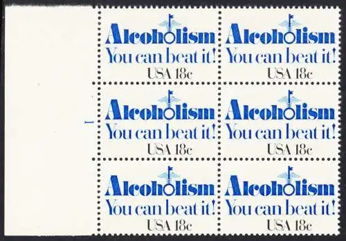 USA Michel 1499 / Scott 1927 postfrisch vert.BLOCK(6) RÄNDER links m/ Platten-# - Kampf gegen den Alkoholismus