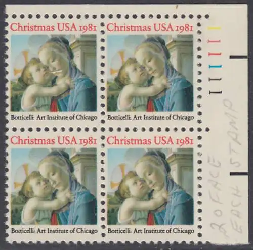 USA Michel 1513 / Scott 1939 postfrisch (Gumm.beeintr.) PLATEBLOCK ECKRAND en robechts m/ Platten-# 111111 - Weihnachten: Madonna und Kind