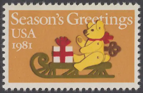 USA Michel 1514 / Scott 1940 postfrisch EINZELMARKE (a3) - Weihnachten: Teddybär auf Schlitten