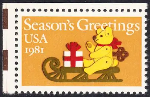 USA Michel 1514 / Scott 1940 postfrisch EINZELMARKE ECKRAND oben links - Weihnachten: Teddybär auf Schlitten