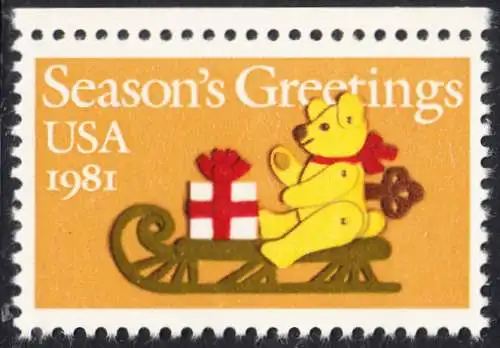 USA Michel 1514 / Scott 1940 postfrisch EINZELMARKE RAND oben - Weihnachten: Teddybär auf Schlitten