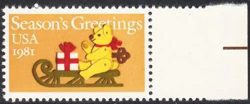 USA Michel 1514 / Scott 1940 postfrisch EINZELMARKE RAND rechts (a1) - Weihnachten: Teddybär auf Schlitten