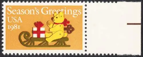 USA Michel 1514 / Scott 1940 postfrisch EINZELMARKE RAND rechts (a2) - Weihnachten: Teddybär auf Schlitten