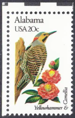USA Michel 1532 / Scott 1953 postfrisch EINZELMARKE ECKRAND oben links  - Vögel und Blumen der 50 Bundesstaaten: Alabama: Goldspecht/Kamelie