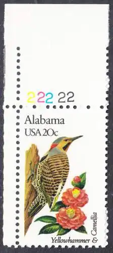 USA Michel 1532 / Scott 1953 postfrisch EINZELMARKE ECKRAND oben links m/ Platten-#  - Vögel und Blumen der 50 Bundesstaaten: Alabama: Alpenschneehuhn/Vergissmeinnicht