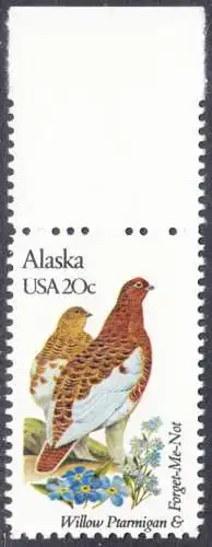 USA Michel 1533 / Scott 1954 postfrisch EINZELMARKE RAND oben (a1) - Vögel und Blumen der 50 Bundesstaaten: Alaska: Alpenschneehuhn /Vergissmeinnicht