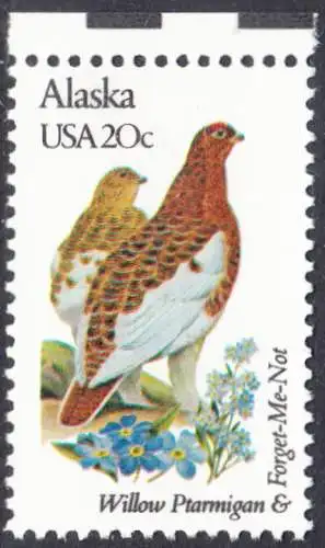USA Michel 1533 / Scott 1954 postfrisch EINZELMARKE RAND oben (a2) - Vögel und Blumen der 50 Bundesstaaten: Alaska: Alpenschneehuhn /Vergissmeinnicht