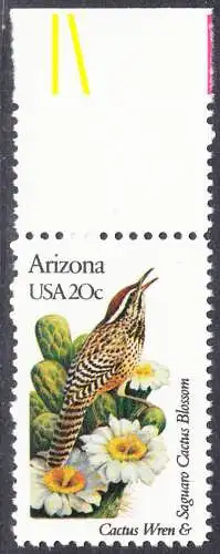USA Michel 1534 / Scott 1955 postfrisch EINZELMARKE RAND oben (a1) - Vögel und Blumen der 50 Bundesstaaten: Arizona: Kaktuszaunkönig /Seguara-Kaktus
