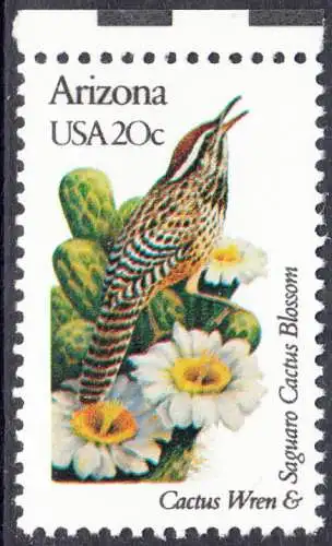 USA Michel 1534 / Scott 1955 postfrisch EINZELMARKE RAND oben (a2) - Vögel und Blumen der 50 Bundesstaaten: Arizona: Kaktuszaunkönig /Seguara-Kaktus