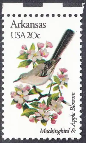 USA Michel 1535 / Scott 1956 postfrisch EINZELMARKE RAND oben (a1) - Vögel und Blumen der 50 Bundesstaaten: Arkansas: Spottdrossel/Apfelblüte