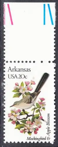 USA Michel 1535 / Scott 1956 postfrisch EINZELMARKE RAND oben (a2) - Vögel und Blumen der 50 Bundesstaaten: Arkansas: Spottdrossel/Apfelblüte