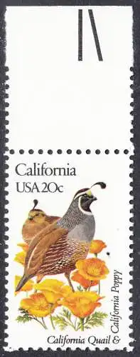 USA Michel 1536 / Scott 1957 postfrisch EINZELMARKE RAND oben (a1) - Vögel und Blumen der 50 Bundesstaaten: California: Spottdrossel/Goldmohn