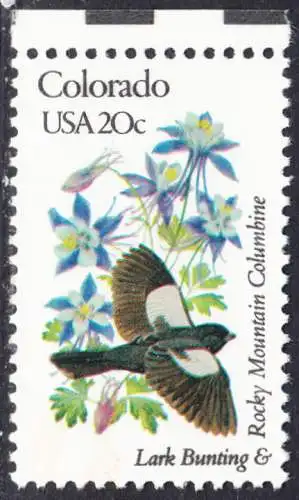 USA Michel 1537 / Scott 1958 postfrisch EINZELMARKE RAND oben (a1) - Vögel und Blumen der 50 Bundesstaaten: Colorado: Schwarzer Seidenschnäpper/Akelei