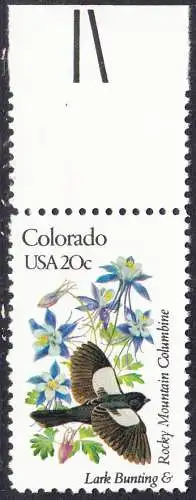 USA Michel 1537 / Scott 1958 postfrisch EINZELMARKE RAND oben (a2) - Vögel und Blumen der 50 Bundesstaaten: Colorado: Schwarzer Seidenschnäpper/Akelei