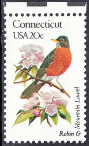 USA Michel 1538 / Scott 1959 postfrisch EINZELMARKE RAND oben (a1) - Vögel und Blumen der 50 Bundesstaaten: Connecticut: Wanderdrossel Berglorbeer