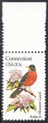 USA Michel 1538 / Scott 1959 postfrisch EINZELMARKE RAND oben (a2) - Vögel und Blumen der 50 Bundesstaaten: Connecticut: Wanderdrossel Berglorbeer
