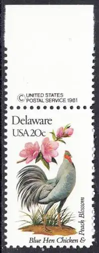 USA Michel 1539 / Scott 1960 postfrisch EINZELMARKE RAND oben (a1) - Vögel und Blumen der 50 Bundesstaaten: Delaware: Dunkles Waldhuhn/Pfirsichblüte