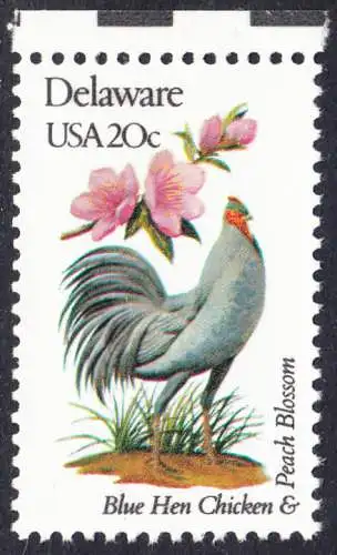 USA Michel 1539 / Scott 1960 postfrisch EINZELMARKE RAND oben (a2) - Vögel und Blumen der 50 Bundesstaaten: Delaware: Dunkles Waldhuhn/Pfirsichblüte