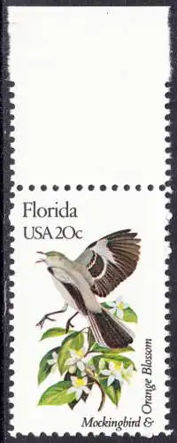 USA Michel 1540 / Scott 1961 postfrisch EINZELMARKE RAND oben (a1) - Vögel und Blumen der 50 Bundesstaaten: Florida: Spottdrossel/Orangenblüte
