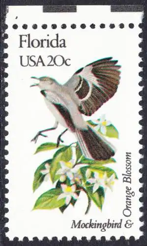 USA Michel 1540 / Scott 1961 postfrisch EINZELMARKE RAND oben (a2) - Vögel und Blumen der 50 Bundesstaaten: Florida: Spottdrossel/Orangenblüte