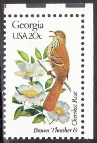 USA Michel 1541 / Scott 1962 postfrisch EINZELMARKE ECKRAND oben rechts - Vögel und Blumen der 50 Bundesstaaten: Georgia: Rotsichelspötter/Heckenrose