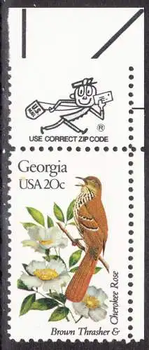 USA Michel 1541 / Scott 1962 postfrisch EINZELMARKE ECKRAND oben rechts m/ ZIP-emblem - Vögel und Blumen der 50 Bundesstaaten: Georgia: Rotsichelspötter/Heckenrose