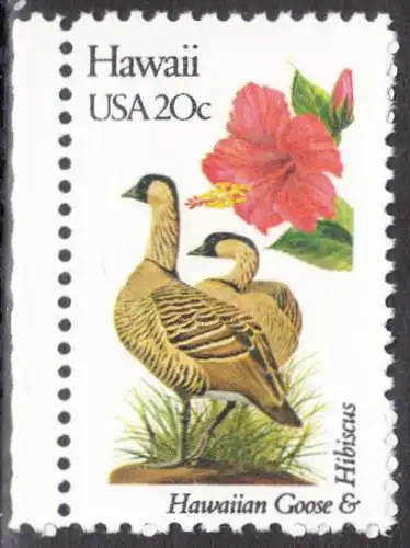 USA Michel 1542 / Scott 1963 postfrisch EINZELMARKE RAND links (a1) - Vögel und Blumen der 50 Bundesstaaten: Hawaii: Hawaiigans/Hibiscus