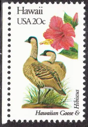 USA Michel 1542 / Scott 1963 postfrisch EINZELMARKE RAND links (a2) - Vögel und Blumen der 50 Bundesstaaten: Hawaii: Hawaiigans/Hibiscus
