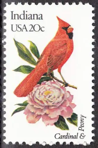 USA Michel 1545 / Scott 1966 postfrisch EINZELMARKE (a2) - Vögel und Blumen der 50 Bundesstaaten: Indiana: Roter Kardinal/Pfingstrose