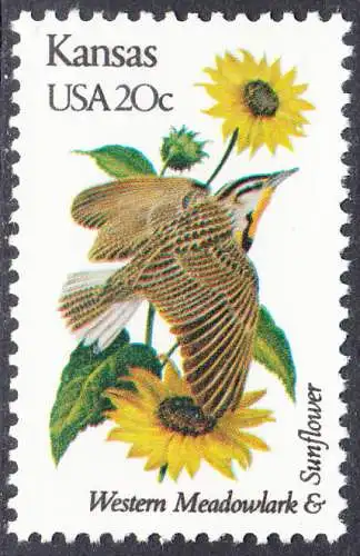 USA Michel 1547 / Scott 1968 postfrisch EINZELMARKE (a1) - Vögel und Blumen der 50 Bundesstaaten: Kansas: Westlicher Lerchenstärling/Sonnenblume
